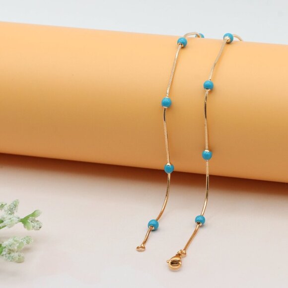 Rose Gold Chain Necklace with Blue Beads Elegant Style, XPNL0256 - Picture 11 of 12